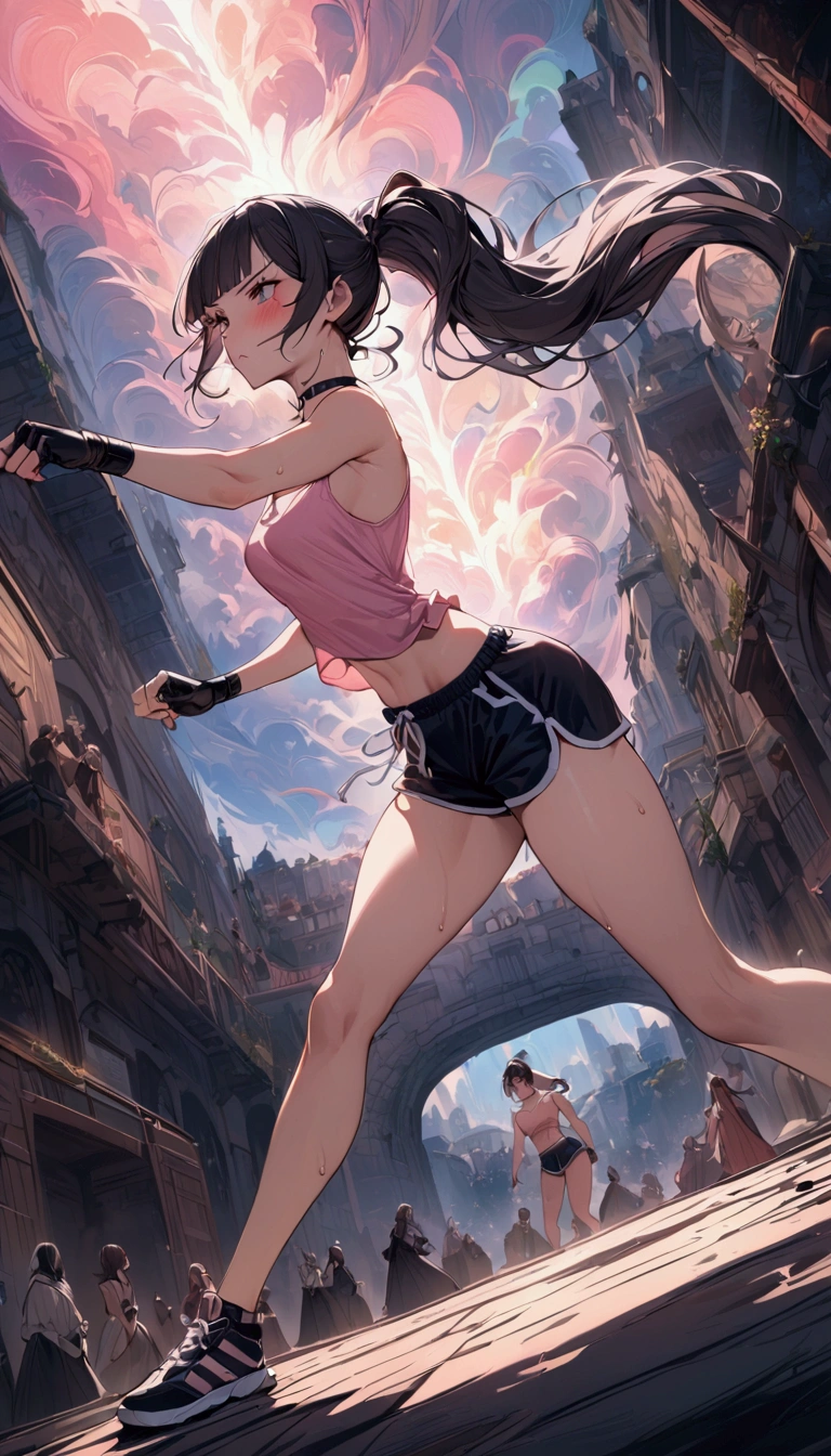 {{masterpiece}}, {{{Highest quality}}},{{Very detailed}}{{female martial artist}},{{Female fighters are sparring in the ring and struggling.}},{{}},solo,1girl, {{Very slim legs:1.2}},slim body,{{}},{{}},Mature Women,Dynamic composition、Dutch Angle,from side,Focus on thighs,,v-shaped eyebrows.profound,Bad mood,blush,Sweat,{{clavicle:1.4}},{{}},,choker,,,,black fingerless gloves,dolphin shorts, Pink camisole, long hair,ponytail Blunt bangs,high-cut sneakers,On the ring,Small crowd outside the ring