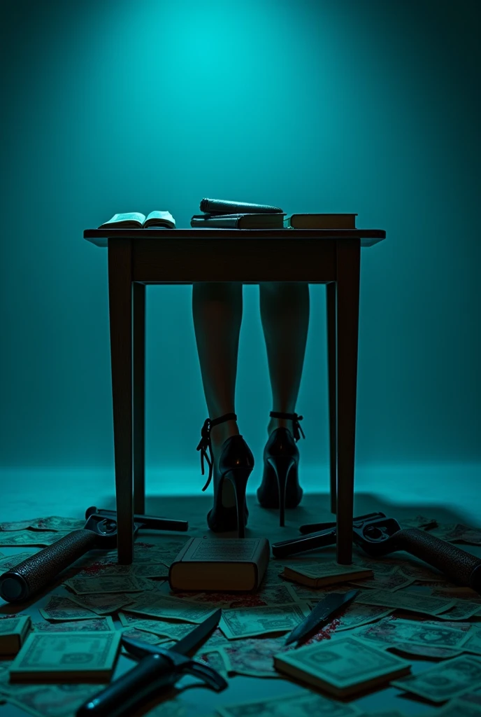 Cyan blue background kinda dark, uma mesa, underneath that table two people sitting only showing their legs, one of the legs being from a woman in heels and she was stepping on a book and there were other books scattered underneath her, on the other side of the table a man in a suit only showing his legs, under it some blood with money, canons, knives and stuff like that