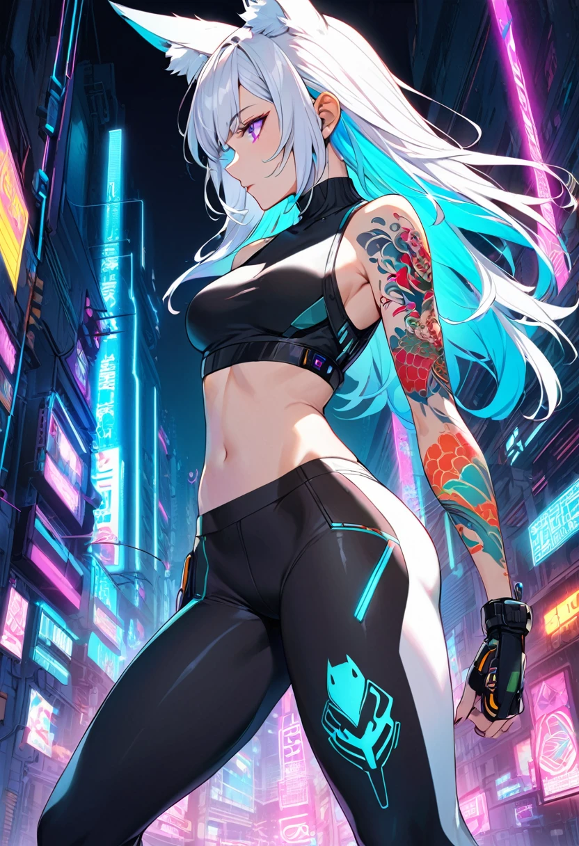 1woman, long white hair with pink and cyan tips,Muticolored hair, fox ears, purple eyes, wearing a white coat, leggings, wearing black undershirt, tattoos on arms,  colorful koi tattoos, showing body, medium breasts, cyberpunk, profile picture perspective, neon, loose hair