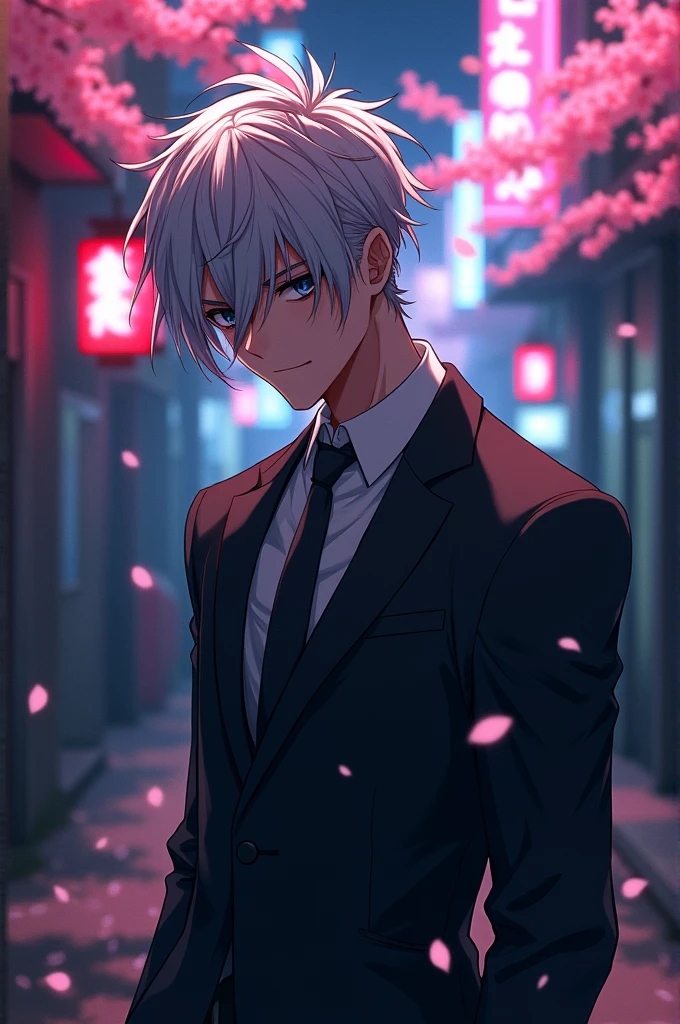 Yandere Yankee-style male, silver-mesh hair, uniform,  masculine wolf cut