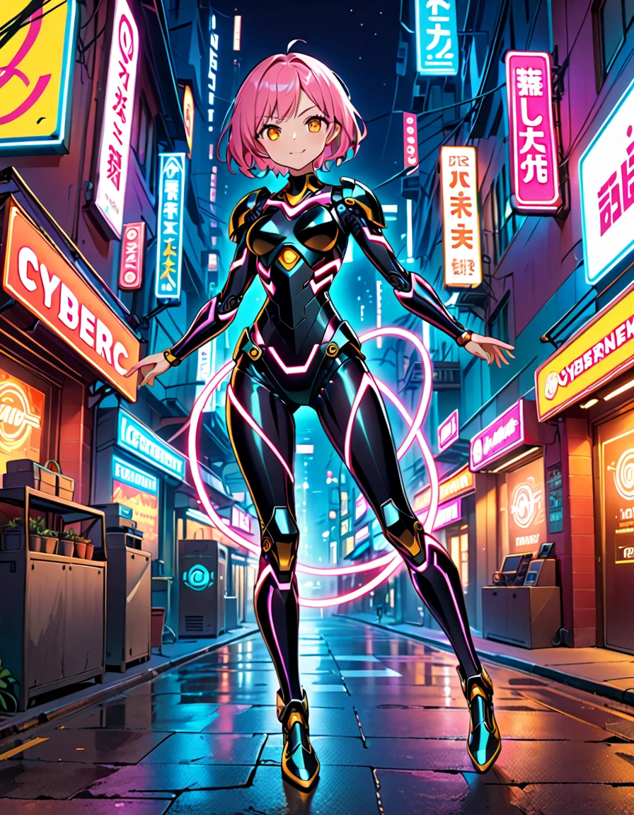 (((Masterpiece, best quality, 16k))) female character with short pink hair and golden eyes. She wears a cybernetic armor in neon green, black, and silver. wields an energy whip. The character has a playful expression, with a neon-lit street as the background. ((full body front view)). ((slender)), (extremely detailed:1.5), (short pink hair:1.2), (golden eyes:1.2), (neon-lit street:1.1), (cybernetic armor:1.3), (energy whip:1.3).
