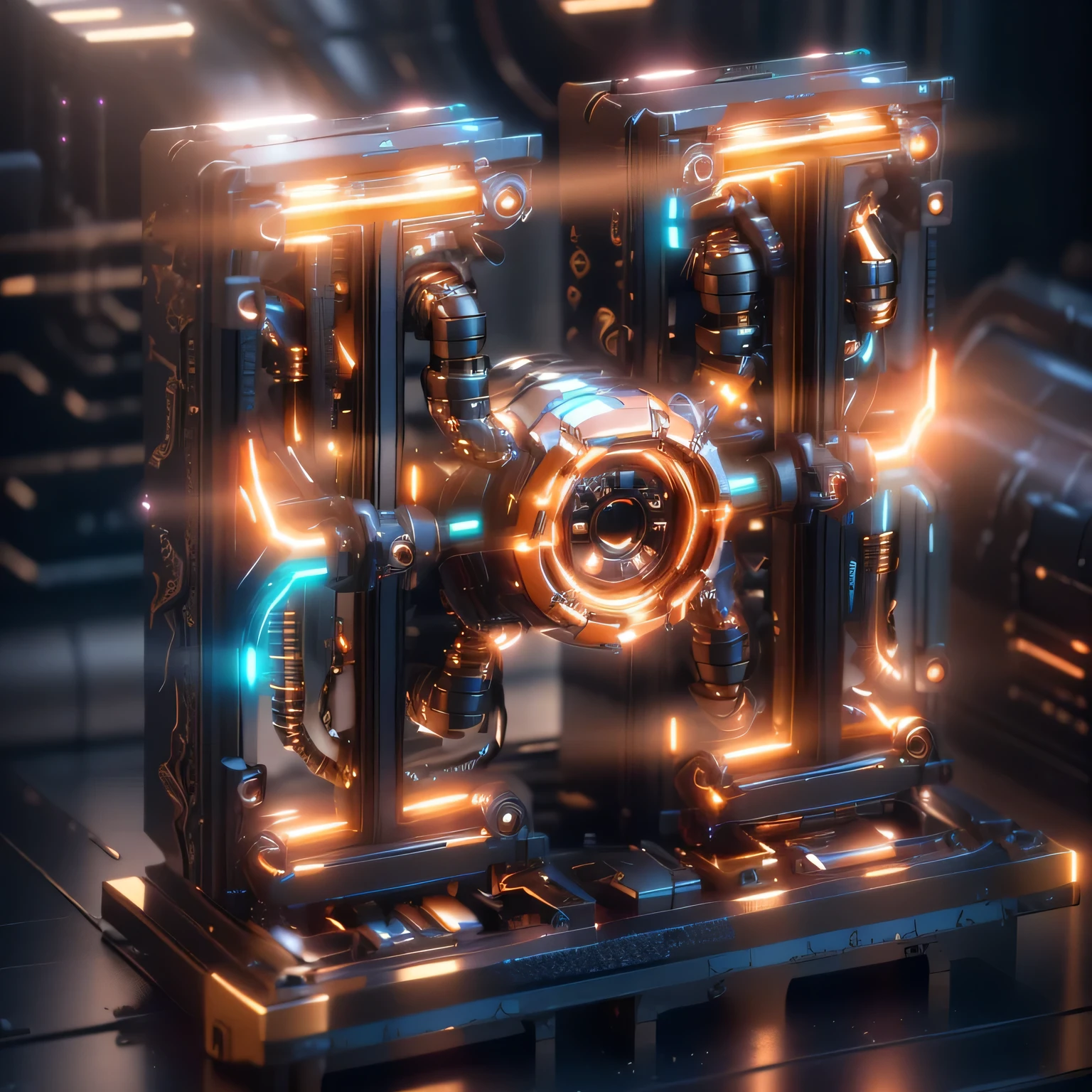 A Close-up of a Neon Letter,There is a machine in the middle, Mechanical Features and Neon Lights, Ultra Detailed 3D Rendering, Ultra Detailed 3D Rendering, connected with glowing tubes 8 k, Mechanical Deformation Engine, Portrait of a cyberpunk machine, 3D 8K Octane Render, luminous scifi engine, cyber steampunk 8 k 3 d, power ups. Ultra Detailed
