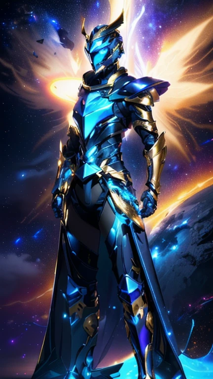 The image presents a highly detailed and futuristic armor designed for a male warrior. The armor combines elements from different parts to create a cohesive and powerful look.
Helmet: The helmet features a sleek, aerodynamic design with a golden metallic finish. It has a central crest that rises upwards, and the visor glows with a bright blue light, giving it a high-tech, futuristic appearance.
Pauldrons (Shoulder Pads): The shoulder pads are large and wing-like, curving outward and upward, with a polished golden finish. These pads extend slightly beyond the shoulders and include a sleek, angular design, providing both a majestic and powerful look.
Chest Plate: The chest plate is intricately segmented, with a combination of gold and dark metallic blue. It has a gem-like crystal in the center that emits a soft, mystical glow. The design of the chest plate is both protective and regal, with sharp, angular lines that add to the overall futuristic aesthetic.
Arm Guards: The arm guards are sleek and streamlined, with articulated golden and purple segments that offer flexibility and protection. The design of the gauntlets is both robust and elegant, incorporating futuristic elements that blend with the classic style.
Leg Armor: The legs are armored with segmented plates that are primarily gold and purple. The boots are angular and sturdy, with a design that conveys both strength and agility. The overall look of the leg armor is grounded yet sleek, completing the ensemble with a powerful stance.
The background of the image is a dark cosmic scene, filled with distant stars and nebulae that highlight the polished surfaces of the armor. Dynamic lighting is used to emphasize the key features, particularly the glowing visor and central chest gem, reinforcing the mystical and imposing nature of the warrior