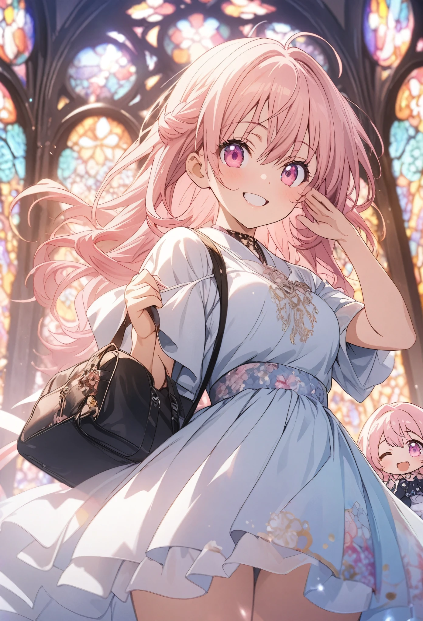 Twin girls, masterpiece, Highest quality, Highly detailed CG Unity 8K wallpapers, High School Girl Anime Illustration, Costumes with Japanese patterns、salute、she has her eyes closed and mouth open, smile. Stained glass background, Pink Hair Color, Pink Eyes, Pink eyelashes, Cowboy Shot, morning, Bokeh, (Soft Focus):1.2, Out of focus highlights, Dreamy atmosphere, Fascinating Depth, chibi, Fantasy