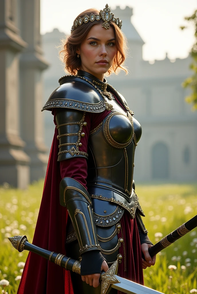 A beautiful princess with short chestnut colored hair and light brown eyes, wearing a maroon and black armor with gold linings together with her headdress made with diamonds, holding her 2 claymore, standing outside the white kingdom.