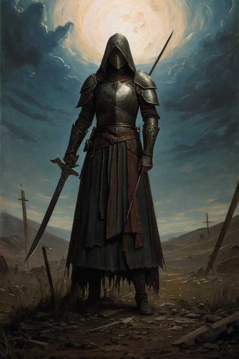 A painting of a woman, mid 30s, tired, crazed cold eyes, mended armor, rags poking through gaps of the armor, bandages, no helmet, curly ratty hair, stern eyes, scarred face, slightly gaunt, pale, covered in old blood and puss, fraying bandages holding together armor, in a destroyed village, holding a chipped and stained claymore(sword), very dark at night, no reflections, low visibility, renaissance style painting, crude art, starless night, at nighttime, no light, painterly aesthetic, standing off to the side, paint smudges, classic oil painting, the sky is colored like charcoal, black fog, no clouds