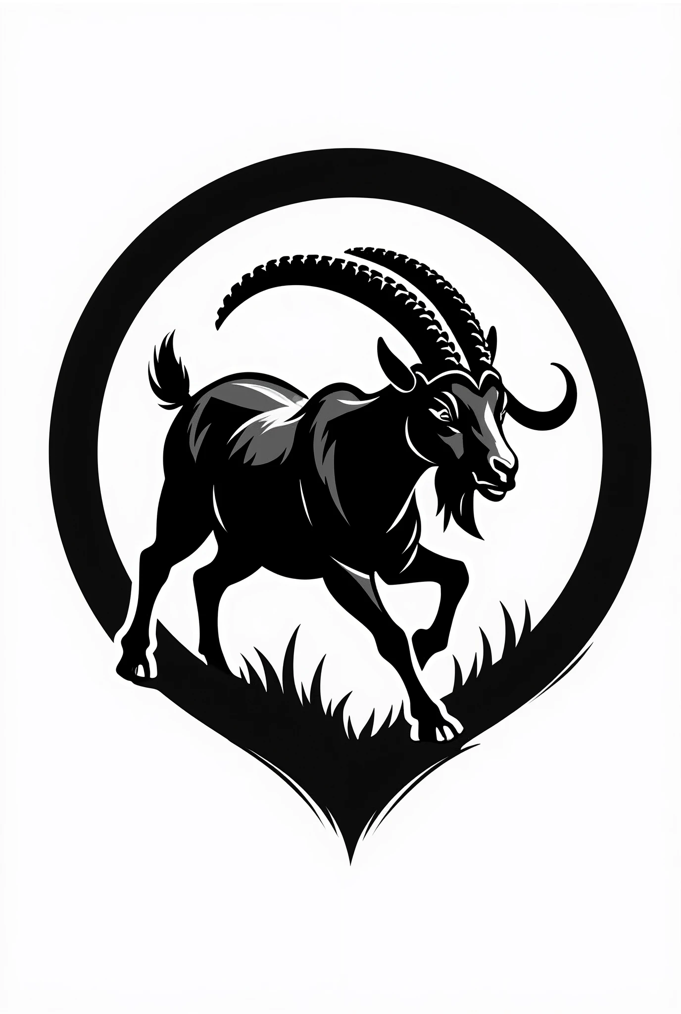 Description:

Design a bold and dynamic black and white logo featuring a Boer goat in an aggressive attack pose, symbolizing strength and energy. The logo should be minimalistic and powerful, focusing on the goat’s form and stance.
Details:

Overall Shape:

Shape: Use a circular or shield shape as the main outline for the logo to give it a strong, defined structure.
Central Element:

Boer Goat: Include a Boer goat in an attack pose. The goat should be depicted with its head lowered, horns forward, and body in a dynamic, powerful stance. Ensure the goat’s posture conveys strength and aggression.
Style:

Black and White: The logo should be entirely in black and white. Use high contrast to make the goat's form stand out against the background.
Detailing: Focus on bold, clean lines to capture the goat’s powerful stance without overly intricate details. Emphasize the horns and muscular build.
Background:

Color: Keep the background plain white or black to maintain a stark contrast with the goat. Ensure the background does not distract from the central element.
Additional Elements:

Minimalism: Avoid additional elements or text to keep the focus on the Boer goat. The design should be straightforward and easily recognizable.
Instructions:

Create a black and white logo featuring a Boer goat in an aggressive attack pose. Use a circular or shield shape for the logo’s outline. Focus on bold, clean lines to represent the goat’s strength and energy. The background should be plain black or white to ensure a high contrast with the goat.

