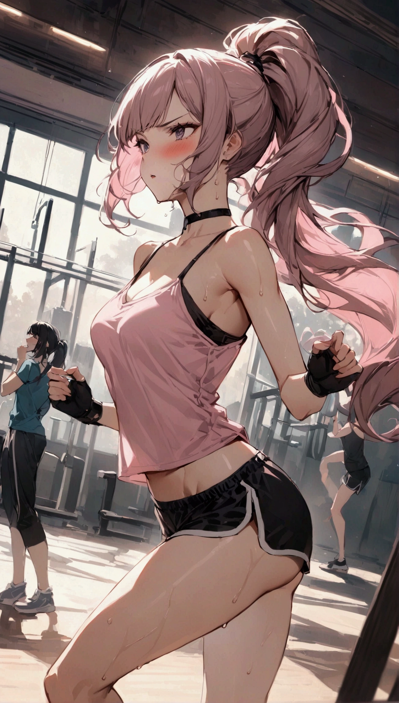 {{masterpiece}}, {{{Highest quality}}},{{Very detailed}}{{female martial artist}},{{Female fighters are sparring in the ring and struggling.}},{{}},solo,1girl, {{Very slim legs:1.2}},slim body,{{}},{{}},Mature Women,Dynamic composition、Dutch Angle,from side,Focus on thighs,,v-shaped eyebrows.profound,Bad mood,blush,Sweat,{{clavicle:1.4}},{{}},,choker,,,,black fingerless gloves,dolphin shorts, Pink camisole, long hair,ponytail Blunt bangs,high-cut sneakers,On the ring,Small crowd outside the ring,Gym Indoor