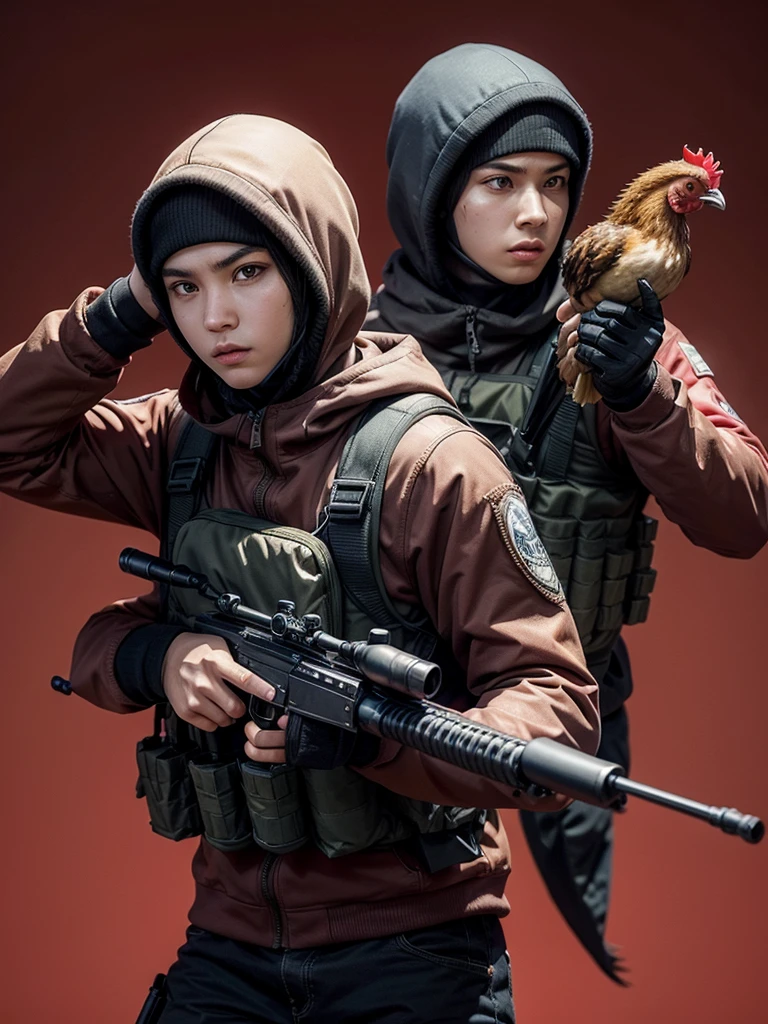 Create an image of a Counter Strike 2 terrorist, holding a sniper in one hand and chasing a chicken with a red background and an anime face