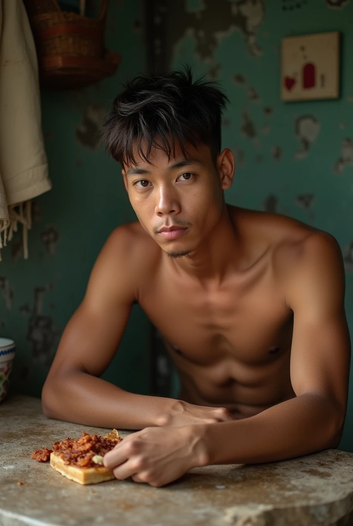 Young man , face perfect, honey eyes , skinny sexy , shirtless big muscular ,short straight rebellious hair, sitting at the table in love with me , dirty poor kitchen, falling apart, in favela , He's hungry , is 18 years old, passionate about seeing me