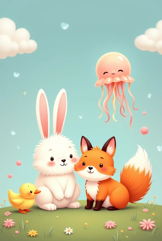 a rabbit next to a fox a jellyfish and a duck, all in a cute style, with a cloud background 