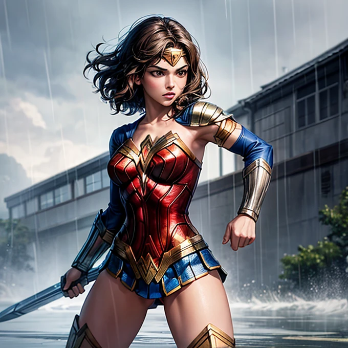 18-year-old girl, Wonder Woman Suit, Short Curly Hair, Blonde, Beautiful Face, rain, roof, masterpiece, Exquisite detail, Perfect Anatomy, Combat Stance