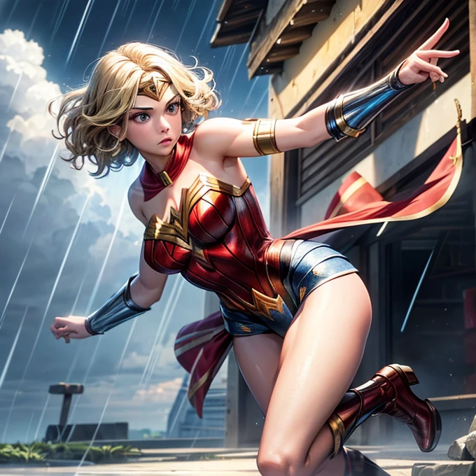 18-year-old girl, Wonder Woman Suit, Short Curly Hair, Blonde, Beautiful Face, rain, roof, masterpiece, Exquisite detail, Perfect Anatomy, Combat Stance