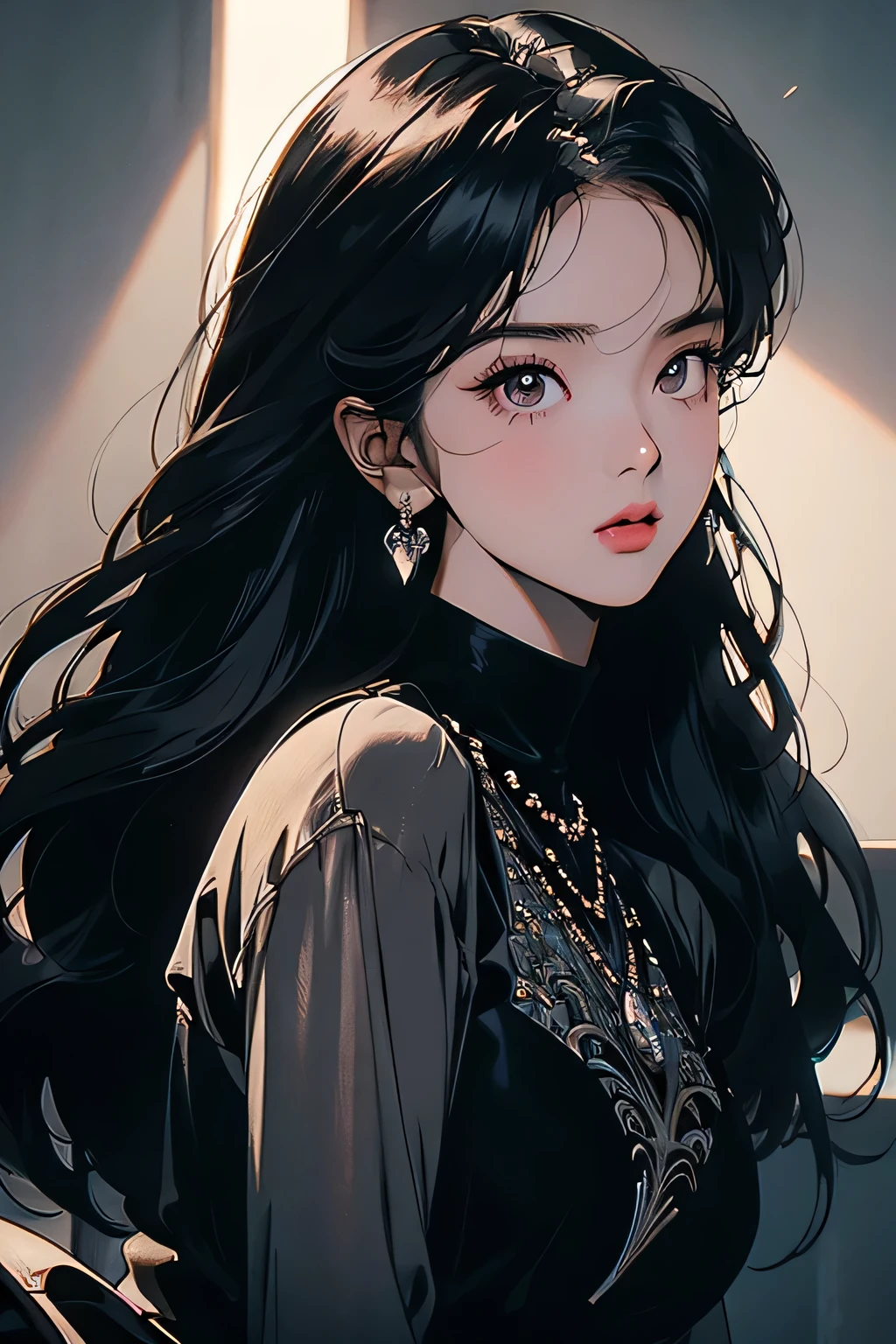 Kim jisoo, a beautiful young woman with black hair, black eyes, wearing a black dress, black ribbon earrings, 1girl, beautiful detailed eyes, beautiful detailed lips, extremely detailed eyes and face, long eyelashes, high fashion, elegant, cinematic lighting, dramatic lighting, intricate details, photorealistic, 8k, ultra-detailed, best quality, masterpiece, vibrant colors, glowing skin, volumetric lighting, natural pose, dynamic composition, dramatic lighting, chiaroscuro, cinematic framing, moody atmosphere, elegant, glamorous