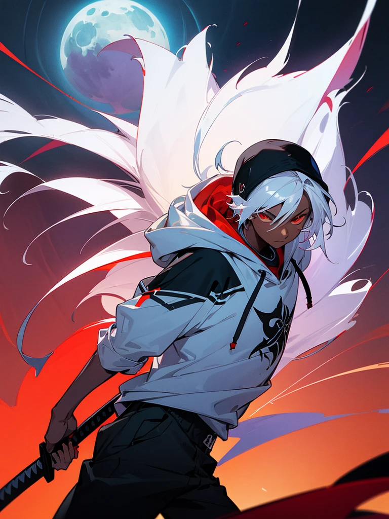 Dark skinned angel boy with white hair on hoody with a katana in hand and red eyes. Behind him, the scene of beautiful moonlight on the horizon.