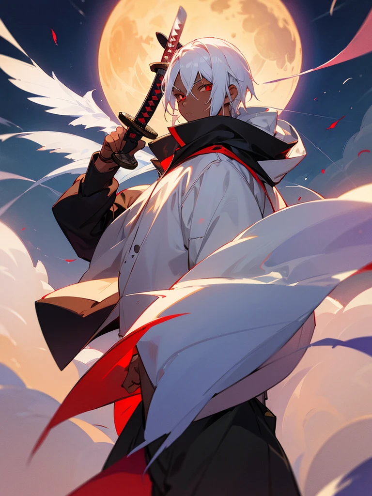 Intimidating and terrifying cosmic tengu, height is 3 meters, Skin is red and hot, Long white hair, Angel-like white feathers, Wearing a monk's robe, top-heavy, Aggressive and ruthless.