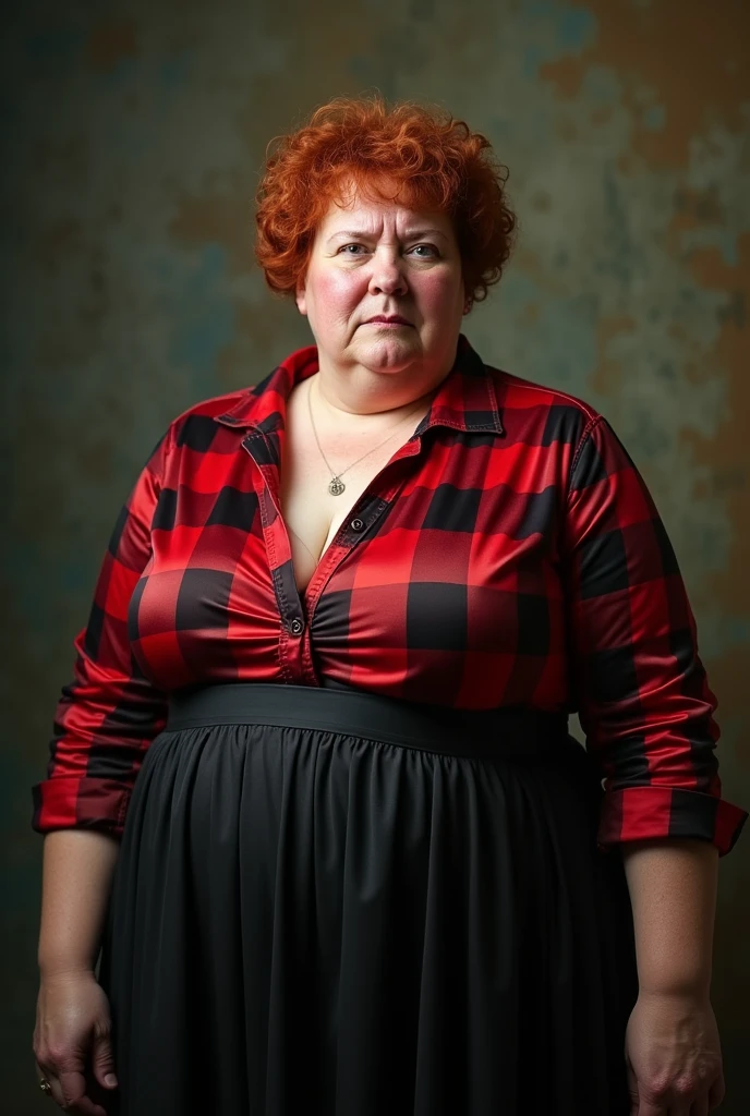 woman 40 years old, obese and fat, bitter, sweet. silly. very short red curly hair badly combed, tight red silky blouse with large black checks half open buttoning showing nipple, long black skirt, long colored apron, round and chubby face of a good-natured red slapped full of tears and snot, downcast gaze, crying, screaming in pain, terrified, dehumanized. trembling, abused, sweaty, urinated on, broken and bleeding lip, desperate, lying on the floor, they pull her hair, they whip her, they insult her, they spit on her.