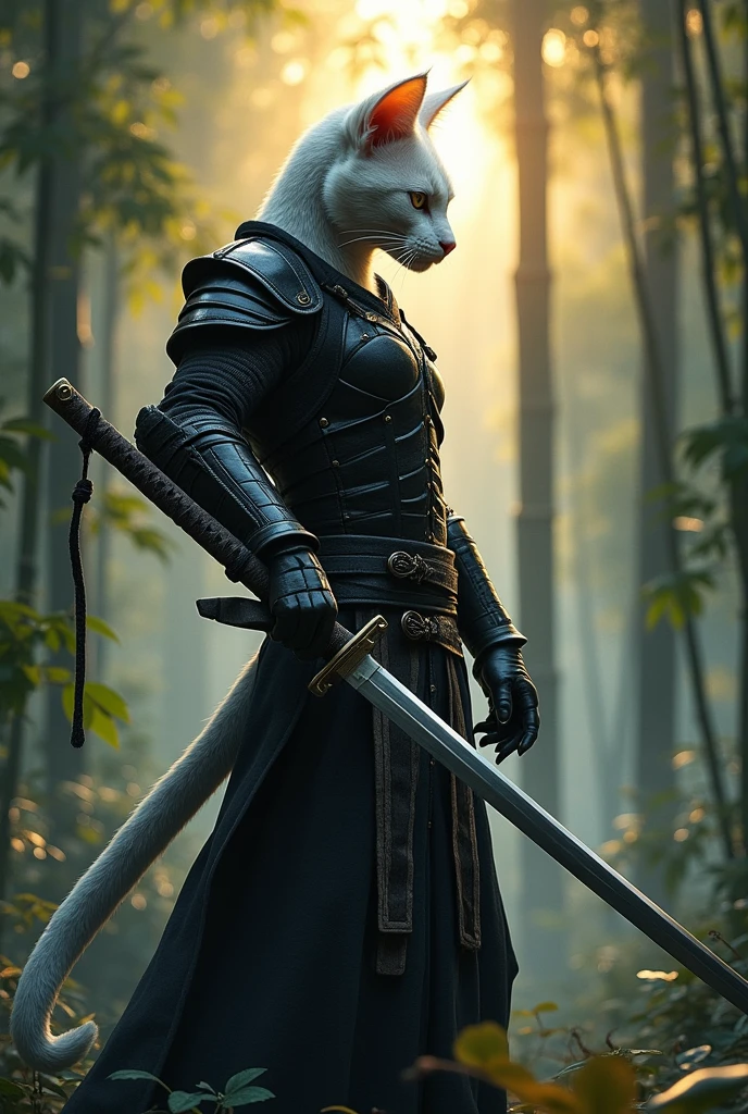 a humanoid white feline wielding a katana called uchigatana, wearing black leather armor