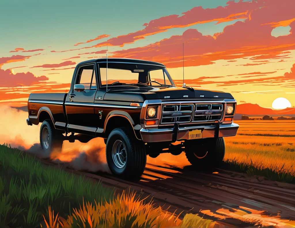 stylized digital art featuring a black Ford T driving down a dusty dirt road through a field during sunset. The sky is painted in warm shades of orange, yellow and red, with the sun low on the horizon. The car is portrayed from the corner, with its shiny black bodywork. Its wheels are classic, with a white stripe, rubberized tire and shiny metal rim that reflects the light of the setting sun. The car's headlights are on. The field is filled with tall grass that sways in the wind. The grass is represented in shades of green and brown, with some lighter areas, which could be an artistic choice to emphasize the intensity of the scene. The overall art style is reminiscent of comic book art, with bold lines and a limited color palette that enhance the dramatic effect of the scene. Art by Dechko Uzunov, highly detailed vector art, Red Dead Redemption art style, at sunset, comic book art, digital Ford T, Martin Ansin, by Evan Charlton, sunset!, by Eddie Mendoza, sunset illustration sun, featured art, digital colorful illustration, (masterpiece), best quality