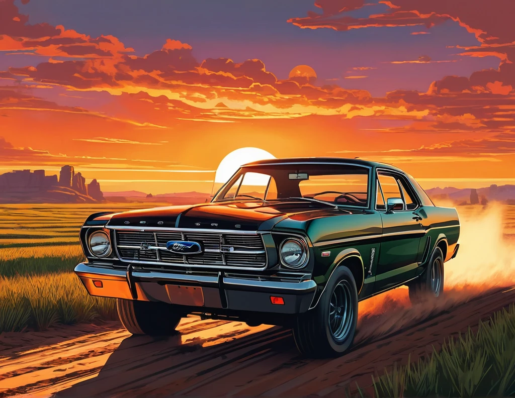 stylized digital art featuring a black Ford T driving down a dusty dirt road through a field during sunset. The sky is painted in warm shades of orange, yellow and red, with the sun low on the horizon. The car is portrayed from the corner, with its shiny black bodywork. Its wheels are classic, with a white stripe, rubberized tire and shiny metal rim that reflects the light of the setting sun. The car's headlights are on. The field is filled with tall grass that sways in the wind. The grass is represented in shades of green and brown, with some lighter areas, which could be an artistic choice to emphasize the intensity of the scene. The overall art style is reminiscent of comic book art, with bold lines and a limited color palette that enhance the dramatic effect of the scene. Art by Dechko Uzunov, highly detailed vector art, Red Dead Redemption art style, at sunset, comic book art, digital Ford T, Martin Ansin, by Evan Charlton, sunset!, by Eddie Mendoza, sunset illustration sun, featured art, digital colorful illustration, (masterpiece), best quality