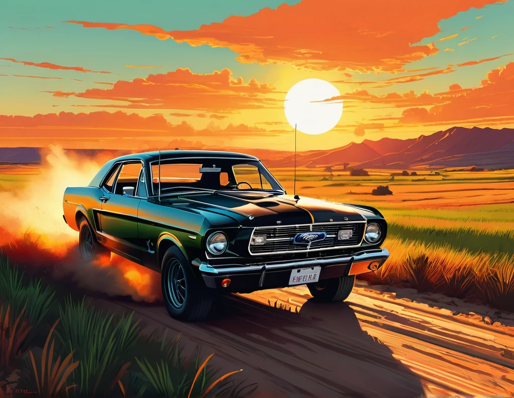 stylized digital art featuring a black Ford T driving down a dusty dirt road through a field during sunset. The sky is painted in warm shades of orange, yellow and red, with the sun low on the horizon. The car is portrayed from the corner, with its shiny black bodywork. Its wheels are classic, with a white stripe, rubberized tire and shiny metal rim that reflects the light of the setting sun. The car's headlights are on. The field is filled with tall grass that sways in the wind. The grass is represented in shades of green and brown, with some lighter areas, which could be an artistic choice to emphasize the intensity of the scene. The overall art style is reminiscent of comic book art, with bold lines and a limited color palette that enhance the dramatic effect of the scene. Art by Dechko Uzunov, highly detailed vector art, Red Dead Redemption art style, at sunset, comic book art, digital Ford T, Martin Ansin, by Evan Charlton, sunset!, by Eddie Mendoza, sunset illustration sun, featured art, digital colorful illustration, (masterpiece), best quality