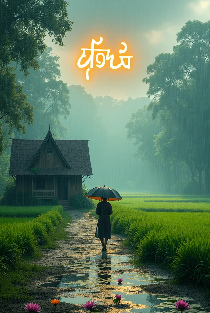 A serene morning scene in Bangladesh during the monsoon season. The sky is overcast with light rain drizzling down, creating ripples in puddles on the ground. Lush green fields and trees are wet and glistening with raindrops. A small village house with a thatched roof stands in the background, surrounded by vibrant, rain-soaked greenery. A farmer with an umbrella walks along a muddy path, and a few water lilies float on a nearby pond. The atmosphere is fresh and calming, with the words 'শুভ সকাল' elegantly written in soft, glowing text across the sky."