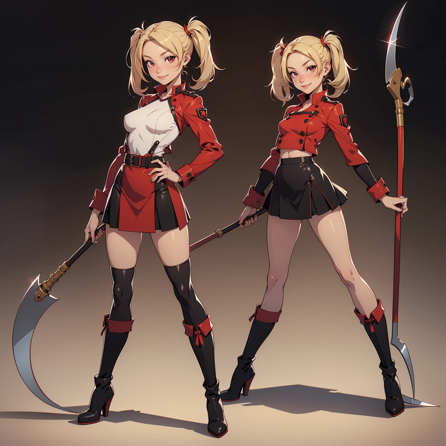 Very detailed, smiling facial expression, figure, full body view, small breasts, blonde hair with twintails, red eyes, looking at viewer, black and red uniform, skirt, black boots, holding scythe, sexy pose.
