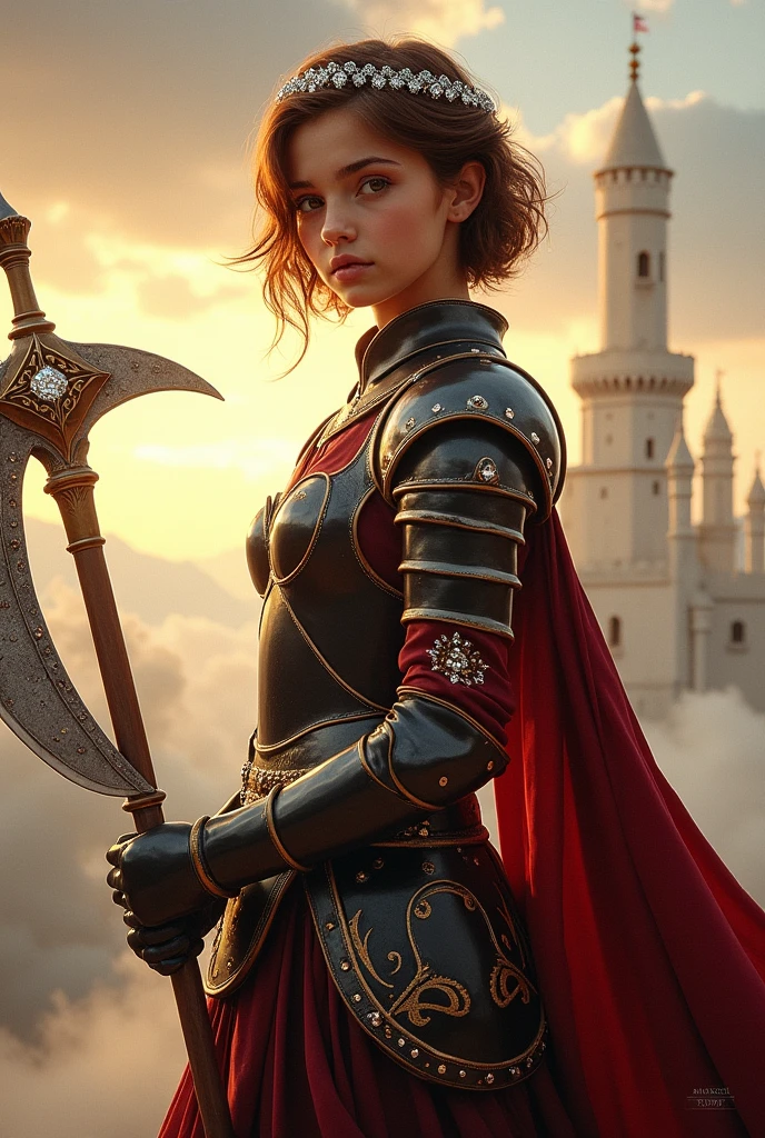 A young beautiful princess with short chestnut colored hair and light brown eyes, wearing a maroon and black armor with gold linings together with her headdress made with diamonds, holding her 2 claymore, standing outside the white kingdom.