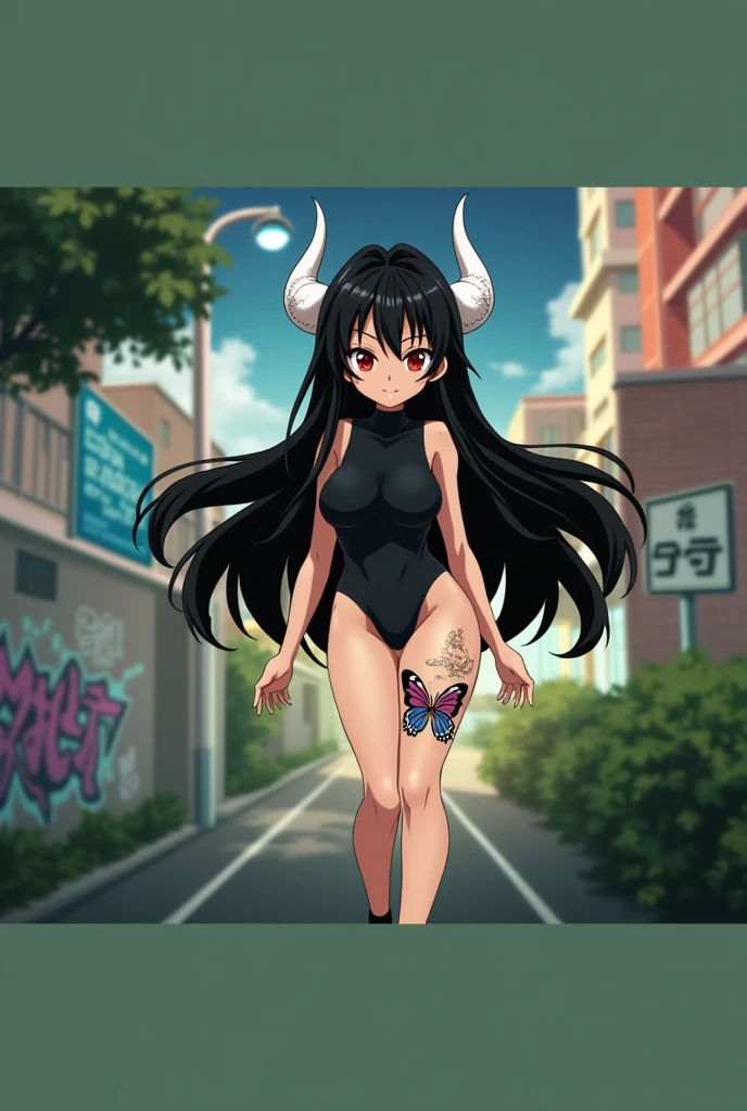 Anime mommy with black hair y2k style Tied up and messy in the front and white horns and sexy bodysuit, with red eyes And a naughty face, Also put big butterfly tattoo On one thigh and Japanese letters on the other thigh