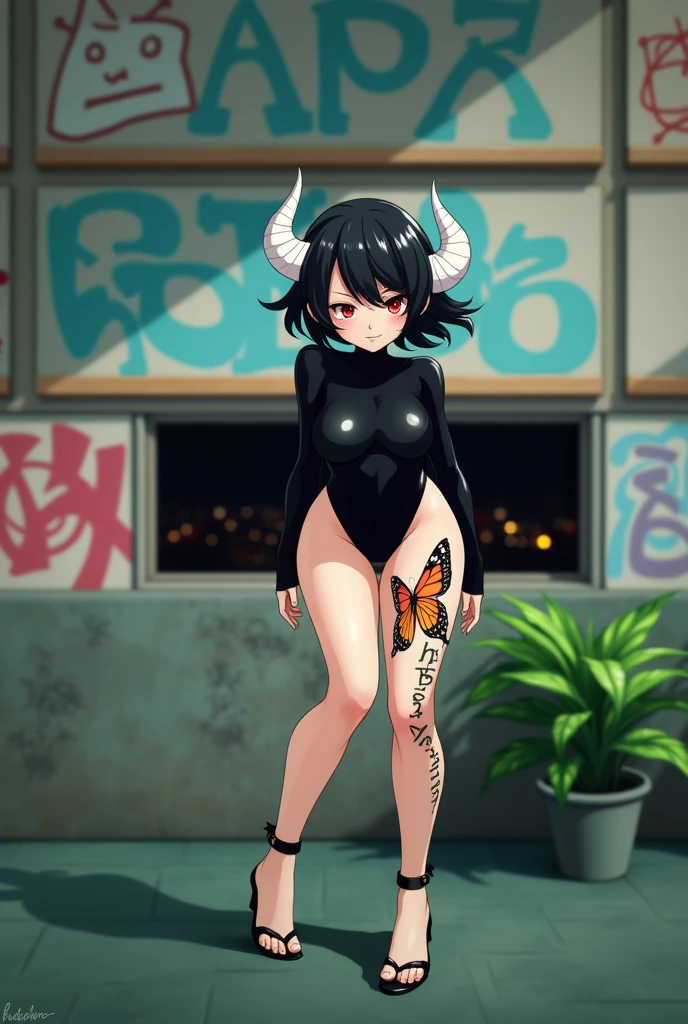 anime mommy with messy black hair tied up, 2 white horns, sexy bodysuit, butterfly tattoo and Japanese letters on thighs, red eyes and perverted face, No sleeves on the shoulders just on the arms