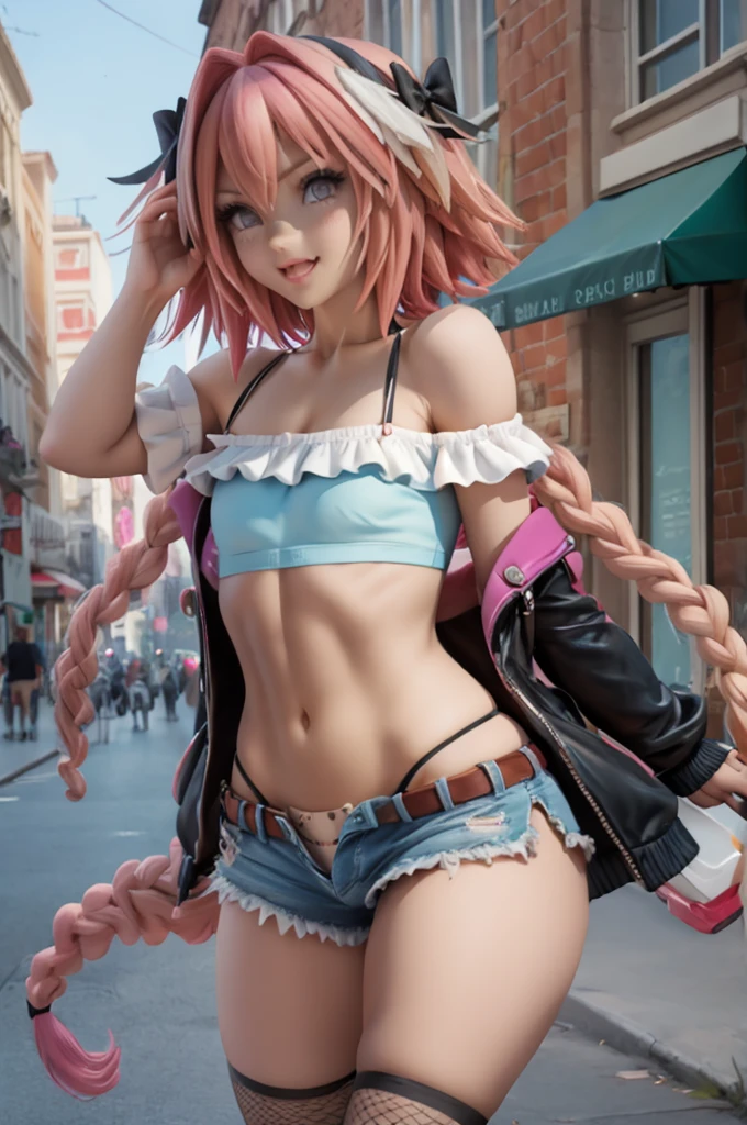 astolfo, Beautiful and slim perfect body, rasgos muy females, cuerpo female sexy muy delgado, flat chest, Pectorals, not breasts, very innocent smile, Girl, bright pink hair, spiky hair, short hair, a long braid, lock of white hair on left side, almost non-existent shorts, top that barely goes up the chest, off shoulder top, long fishnet stockings, female, small bulge in panties, Eating an ice-cream, walking down the street