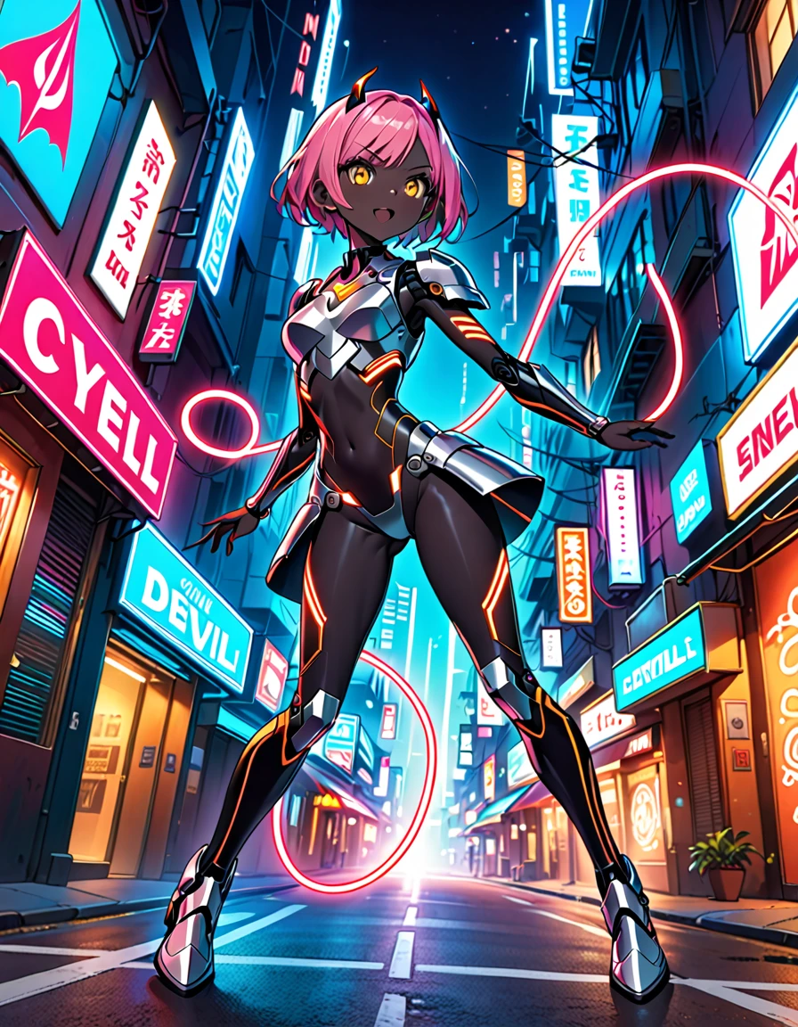 (((Masterpiece, best quality, 16k))) female character with short pink hair and golden eyes. She wears a cybernetic armor in neon green, black, and silver. wields an energy whip. The character has a playful expression, with a neon-lit street as the background. ((full body front view)). ((slender)), (extremely detailed:1.5), (short pink hair:1.2), (golden eyes:1.2), (neon-lit street:1.1), (cybernetic armor:1.3), (energy whip:1.3),(devil:1.3), (dynamic angle:1.2),(pure black skin:1.3)
