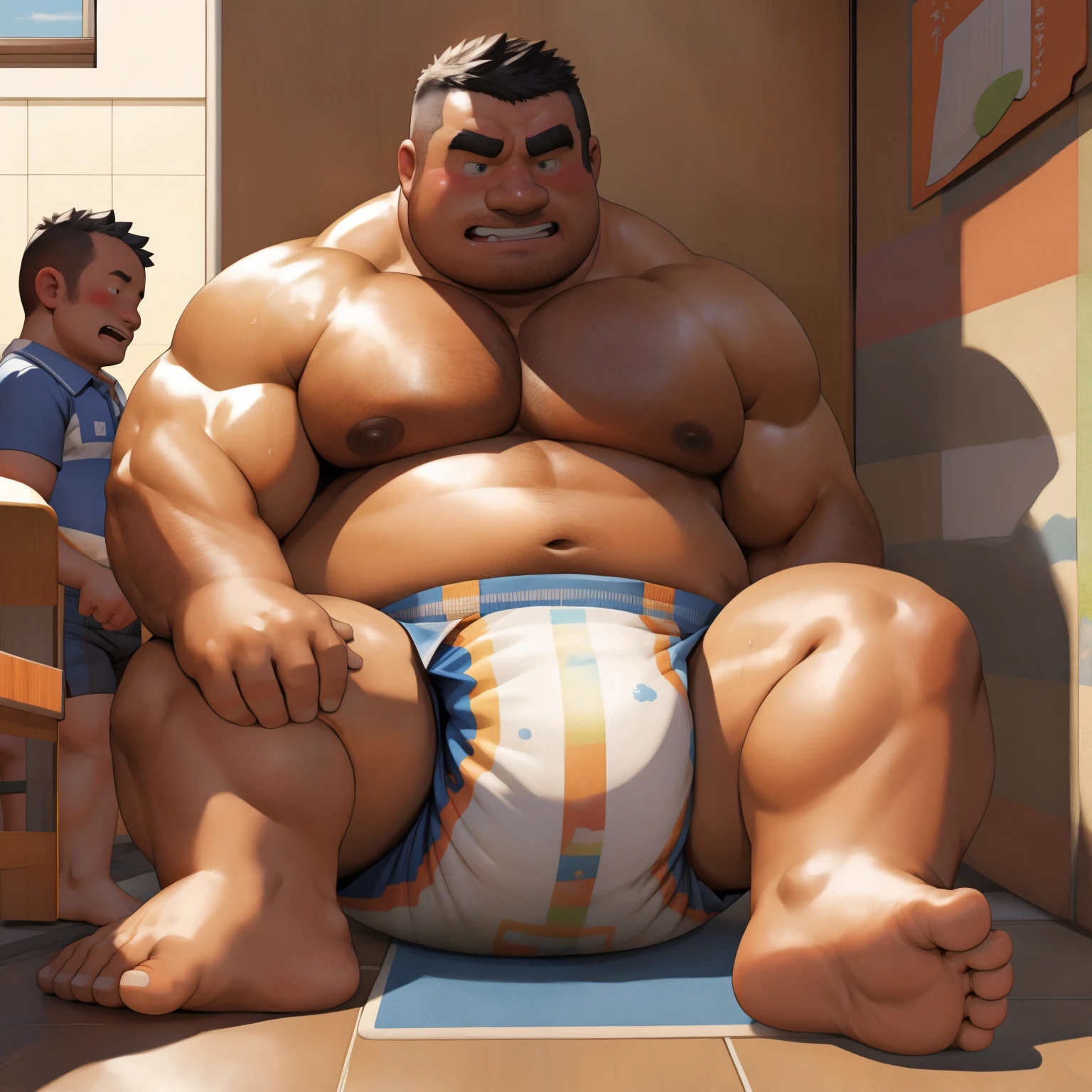masterpiece, Top quality, in 32K, perfect anatomy, hyper detailed, super fine illustration, The thick man is a brutal prisoner, retarded, hairy human, 50yo in Japan, (fatness: 1.0), Fatty muscle, Bowleg, disappointment, incontinent, be diaper check by children, waddle, There is a small puddle under him, incontinent, Naked, short legs, Bowleg, spread legs, wear a White cloth Diaper, Bare belly, Bare legs, Bare foots, Bare soles, Shirtless, wide forehead and short thinning hair, Man with round face with stubble, Bare foots, Bare soles, shy, sissy, Weaker than children, Drool, Round face, steams, Solo, He enters nursery school and is despised by children, He surrounded by children, His bottom is wet, Bare foots, big butt, he is scolded by the children, White Diaper, He surrounded by children, sobbing, wear a White cloth Diaper, shirtless, There is a small puddle under him, He enters nursery school and is despised by children, big butt, sobbing, He crawling to go to children, on all fours, side view