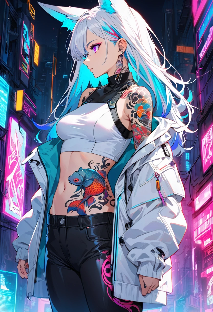 1woman, long white hair with pink and cyan tips,Muticolored hair, fox ears, purple eyes, wearing a white coat, wearing black pants, wearing white undershirt, tattoos on arms, colorful koi tattoos, showing body, medium breasts, cyberpunk, profile picture perspective, neon, loose hair