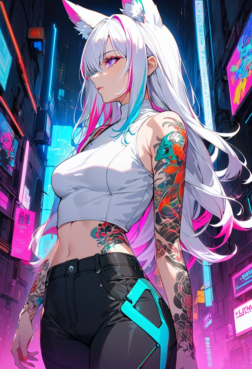 1woman, long white hair with pink and cyan tips,Muticolored hair, fox ears, purple eyes, wearing a white coat, wearing black pants, wearing white undershirt, tattoos on arms, colorful koi tattoos, showing body, medium breasts, cyberpunk, profile picture perspective, neon, loose hair