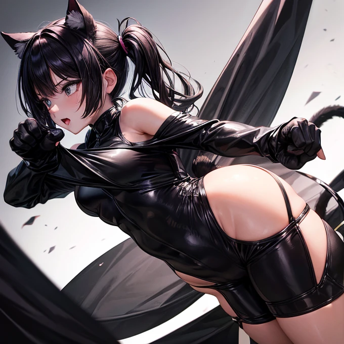 she is wearing black clothes, High Cut Bodysuit.A woman doing professional wrestling It has cat ears and a tail... Twin tails Open Finger Gloves Fighting in the ring