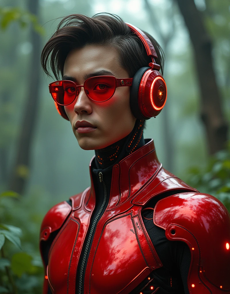 A highly detailed 20-year-old male cyborg, resembling a mannequin, with a focus from the shoulders up, looking slightly towards the camera. The cyborg should have a futuristic and sleek appearance, featuring polished red metal with intricate biomechanical suits and electronic circuits. Include neon glowing cybernetic implants, futuristic, crystal-clear sunglasses, and cyberpunk headphones. His eyes should be glowing and enigmatic, with an expression suggesting contemplation or curiosity. The background should be a natural setting, blending elements such as trees, plants, and a subtle mist with a harmonious transition to the cyborg's technology. The overall look should be cinematic and professional, in 8K resolution with extreme detail, showcasing a masterpiece with luminous lights and intricate electronic circuits. The image should be extremely detailed, with a striking visual contrast between the red cyborg and the natural background