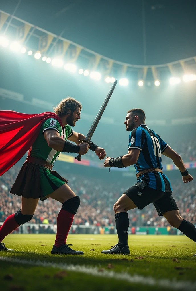 create a strong and angry medieval warrior with a green, white and red striped shirt inside a football stadium with a sword, and a shield fighting with a musketeer with a strong blue and black striped shirt