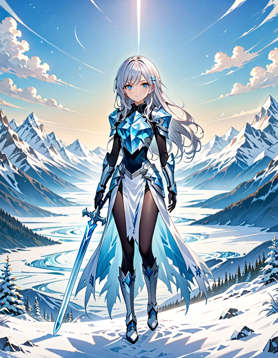 (((Masterpiece, best quality, 16k))) female character with long silver hair and icy blue eyes. She wears an ice-themed armor in white, blue, and silver. wields a frosty sword. The character has a cold expression, with a snowy landscape as the background. ((full body front view)). ((slender)), (extremely detailed:1.5), (long silver hair:1.2), (icy blue eyes:1.2), (snowy landscape:1.1), (ice-themed armor:1.3), (frosty sword:1.3).
