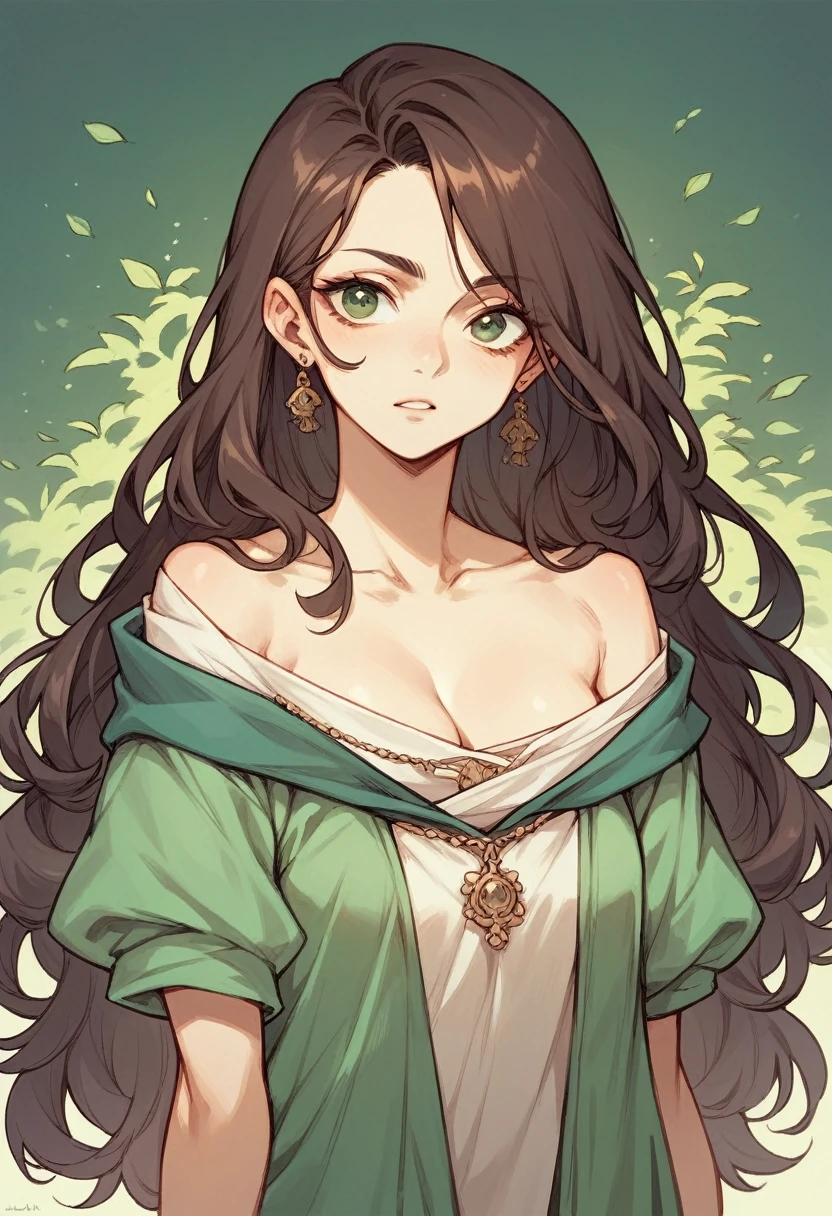 A brunette woman with dark green eyes, semi-naked