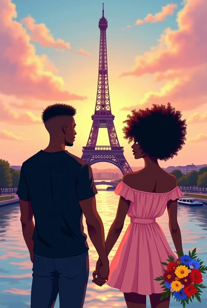 Illustration of black couple in paris coast, facing the Eiffel Tower. Man with a black shirt and a fade haircut and a woman with a short light pink dress and curly hair. Her holding a colorful bouquet
Back view only, without showing the rest