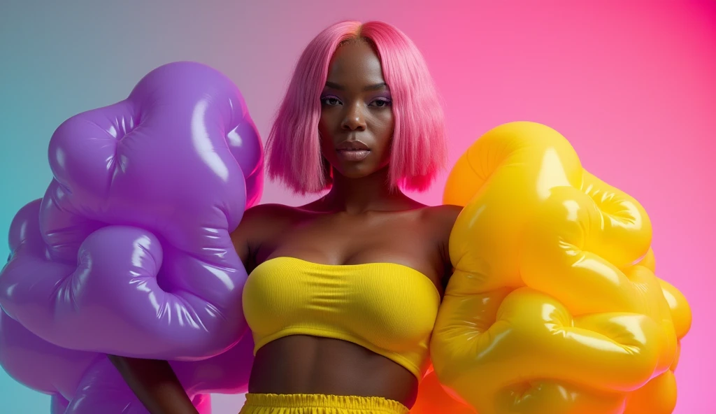 1girl, head phones, under pink bubble water, (18 years old), (dark skin), dark skin, wide shot, (pink strapless dress), (Masterpiece, Professional lighting, 16k, 8k wallpaper, raw photo, photorealistic:1.8, ultra detailed, natural lighting, detailed skin sexy pose, open mouth, big lips, night time, eyes closed, pink light, steam, pink foam,