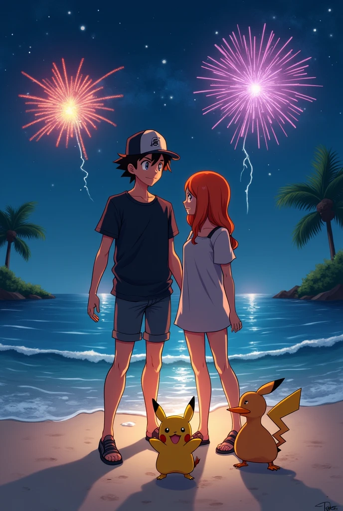 Draw a picture of Ash and Misty as adults on the beach at night holding fireworks as a couple.
Let her have her orange and short hair.
He has his black hair and a black cap.
Misty is wearing Ash's shirt over her shoulders.
Add Pikachu playing with Psyduck.