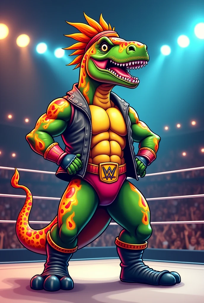 Cartoon t-rex dressed like wrestler Booker t with dew rag on head and ordained with flames all over outfit