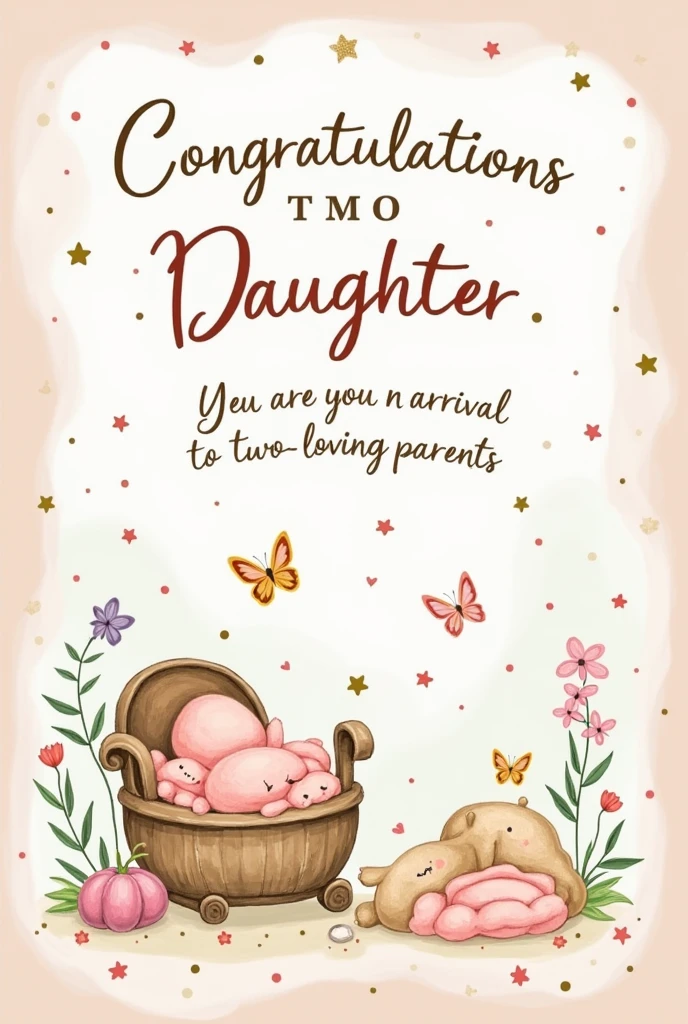 Create a congratulatory card for the birth of a daughter to two people.