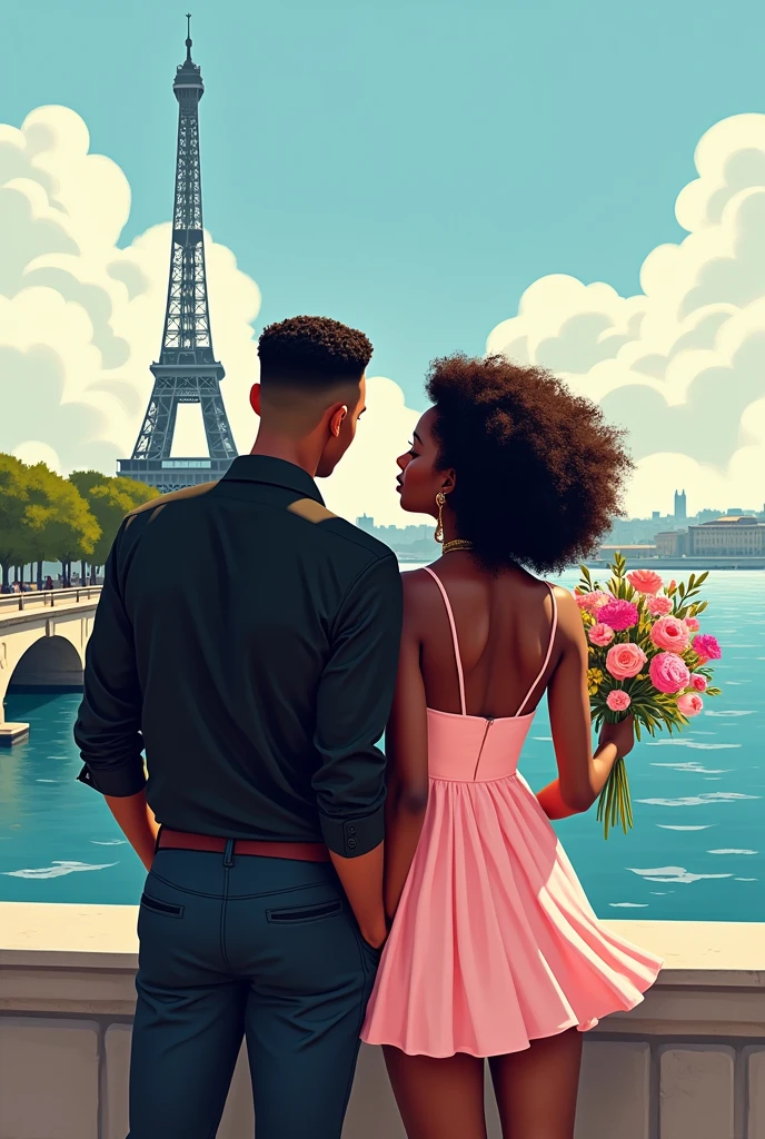 Illustration of black couple in paris coast, facing the Eiffel Tower. Man with a black shirt and a fade haircut and a woman with a short light pink dress and curly hair. Her holding a colorful bouquet
Back view only, without showing the rest 
