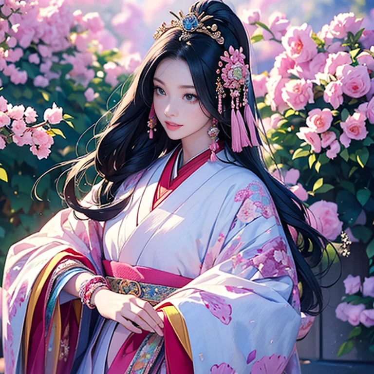 ( High resolution、 Super detailed、masterpiece、Highest quality、8k)、Heian period in Japan、(NHK Taiga Drama、To the Shining One)、Fujiwara Akiko、palace、The Empress of the Palace、Young beautiful woman、Beautiful Face、Beautiful Face、Pretty lips、(12 single coats、Light pink、Light purple、yellow、green、blue、red、White color、Colorful overlapping)、(Full Body Shot)、Long black hair、Jewel Ornament、background、garden、Colorful flowers、Vibrant colors、Detailed Anime、Detailed CG、