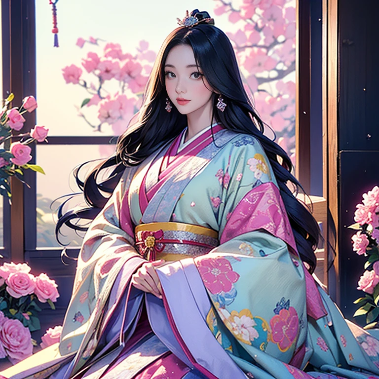 ( High resolution、 Super detailed、masterpiece、Highest quality、8k)、Heian period in Japan、(NHK Taiga Drama、To the Shining One)、Fujiwara Akiko、palace、The Empress of the Palace、Young beautiful woman、Beautiful Face、Beautiful Face、Pretty lips、(12 single coats、Light pink、Light purple、yellow、green、blue、red、White color、Colorful overlapping)、(Full Body Shot)、Long black hair、Jewel Ornament、background、garden、Colorful flowers、Vibrant colors、Detailed Anime、Detailed CG、