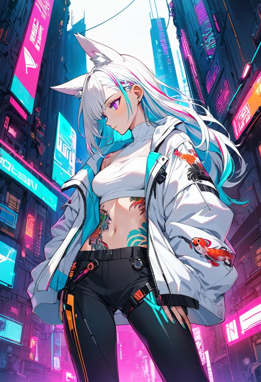 1woman, long white hair with pink and cyan tips,Muticolored hair, fox ears, purple eyes, wearing a white coat, leggings, wearing black undershirt, tattoos on arms, colorful japanese tattoos, showing body, medium breasts, cyberpunk, profile picture perspective, neon