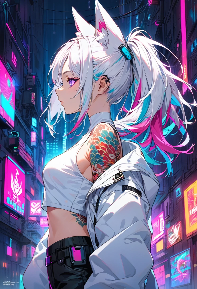 1woman, long white hair with pink and cyan tips,Muticolored hair, fox ears, purple eyes, wearing a white coat, wearing black pants, wearing white undershirt, tattoos on arms, colorful koi tattoos, showing body, medium breasts, cyberpunk, profile picture perspective, neon, loose hair